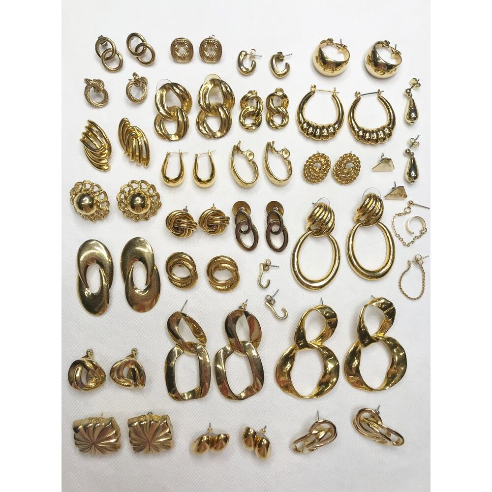Vintage 28 Pair Gold Tone Earring Lot Bundle Mixed Clip Post Pierced Estate